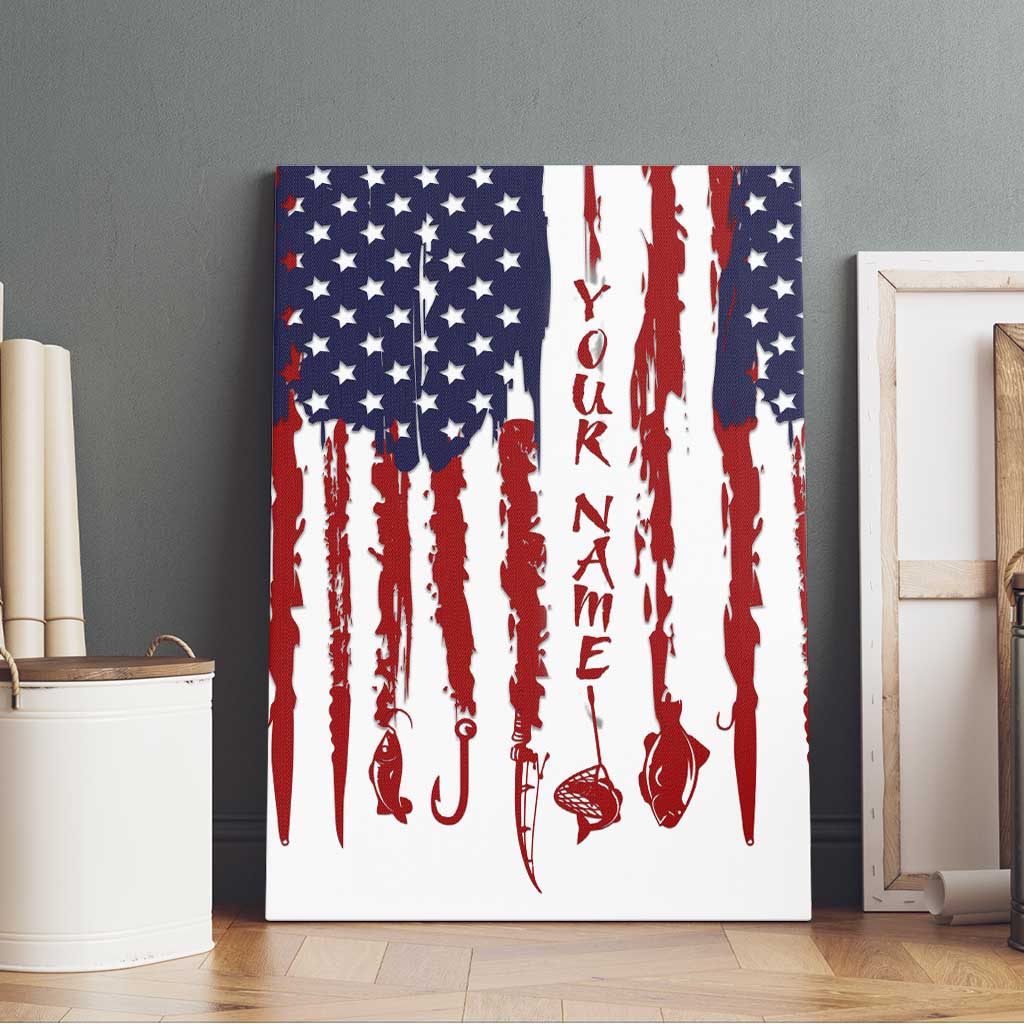 American Flag Fishing Canvas Wall Art Lure and Hook Elements and Custom Name Print - Wonder Print Shop