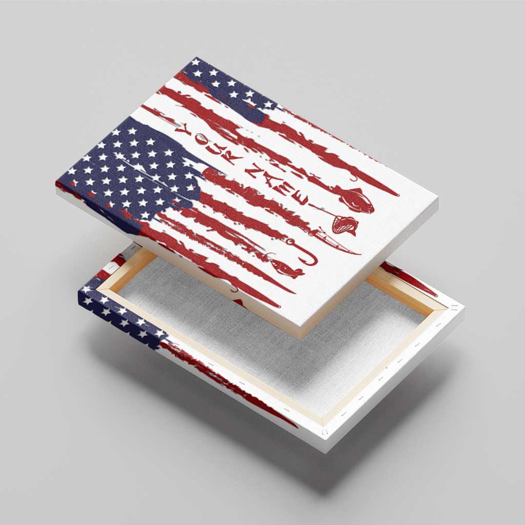 American Flag Fishing Canvas Wall Art Lure and Hook Elements and Custom Name Print - Wonder Print Shop