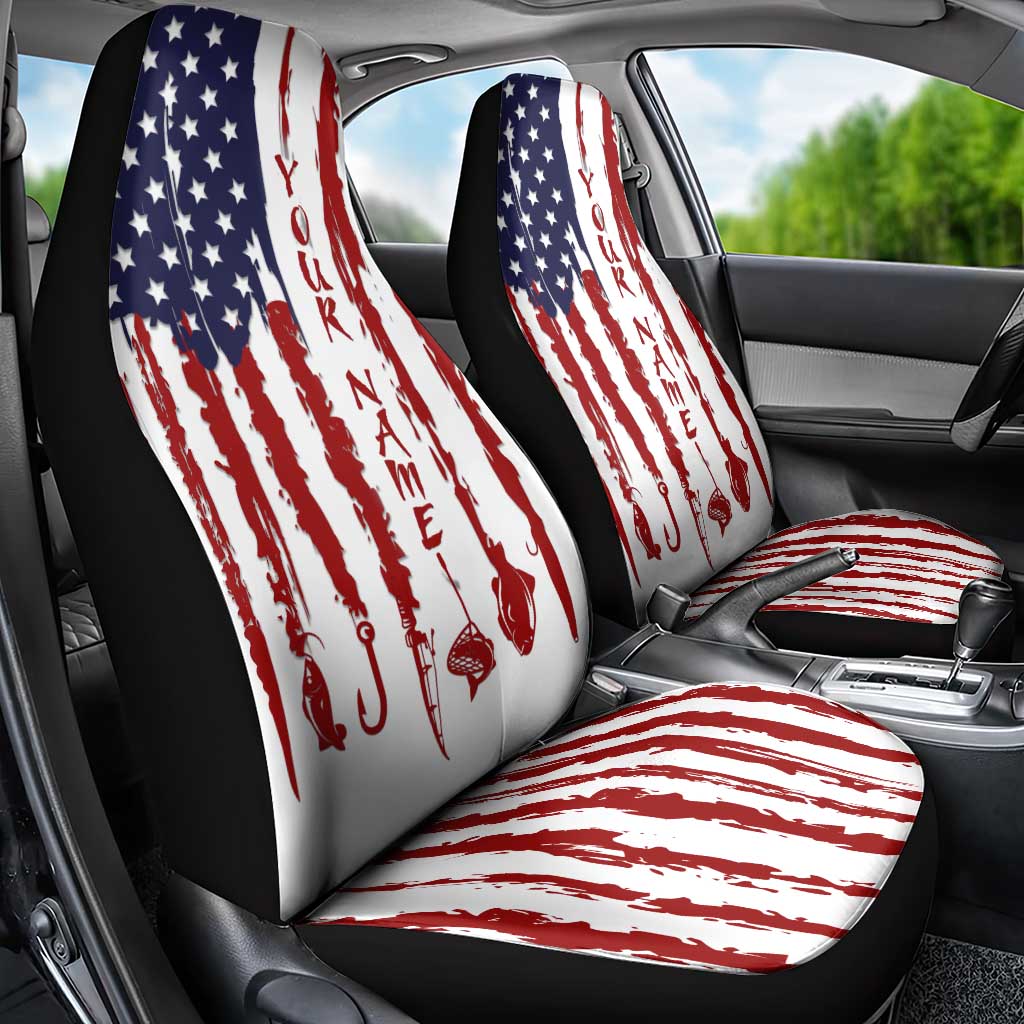American Flag Fishing Car Seat Cover Lure and Hook Elements and Custom Name Print - Wonder Print Shop