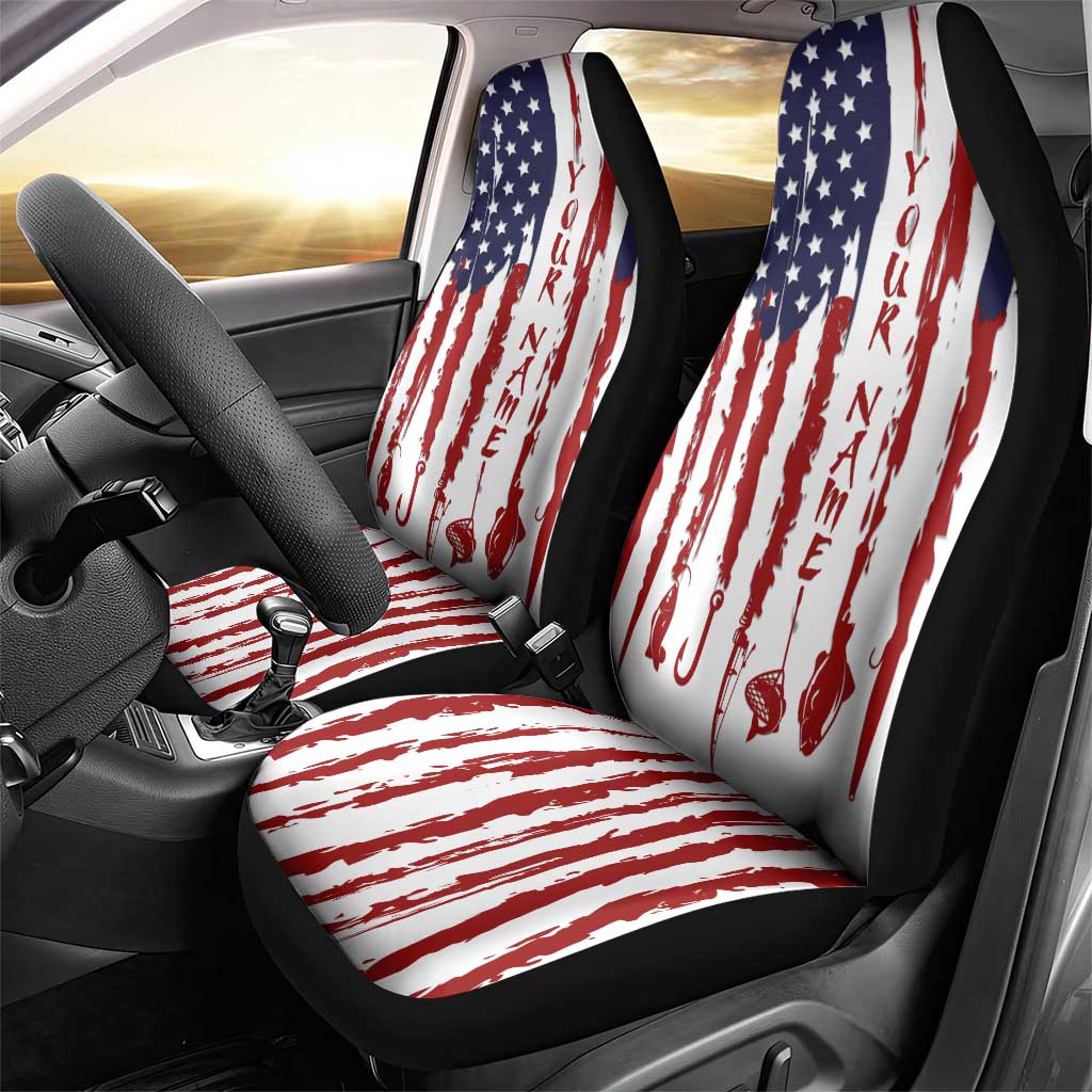 American Flag Fishing Car Seat Cover Lure and Hook Elements and Custom Name Print - Wonder Print Shop