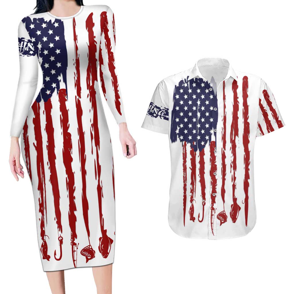 American Flag Fishing Couples Matching Long Sleeve Bodycon Dress and Hawaiian Shirt Lure and Hook Elements and Custom Name Print - Wonder Print Shop