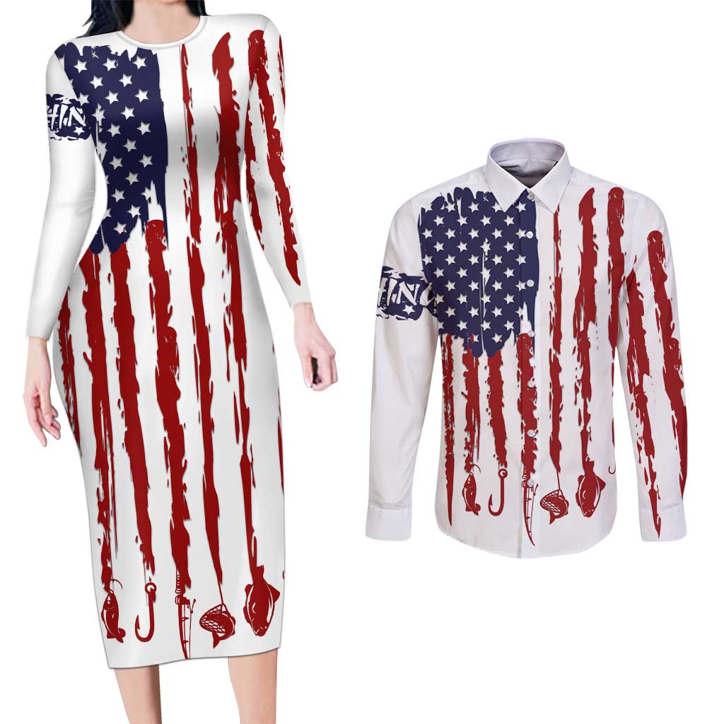 American Flag Fishing Couples Matching Long Sleeve Bodycon Dress and Long Sleeve Button Shirt Lure and Hook Elements and Custom Name Print - Wonder Print Shop