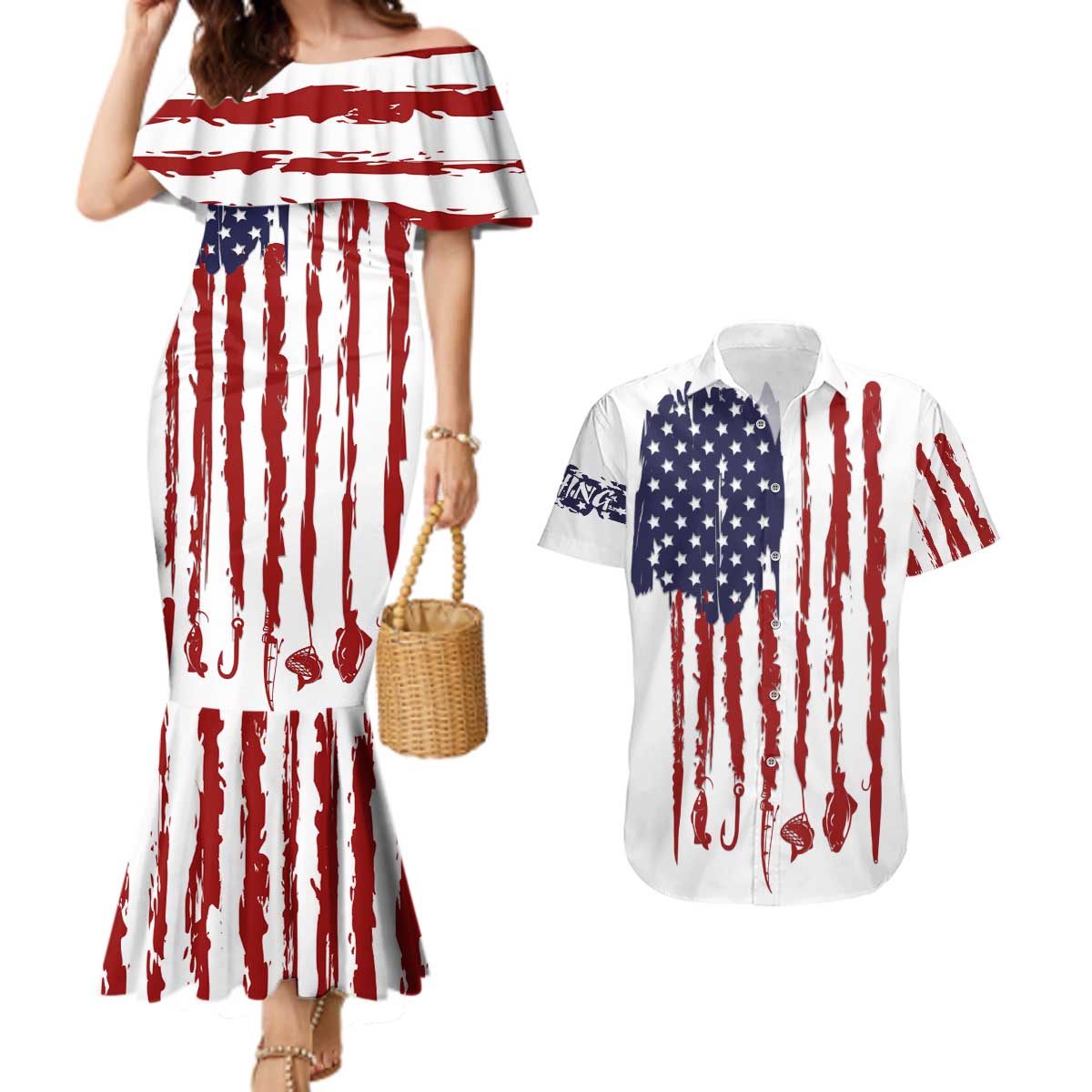American Flag Fishing Couples Matching Mermaid Dress and Hawaiian Shirt Lure and Hook Elements and Custom Name Print - Wonder Print Shop