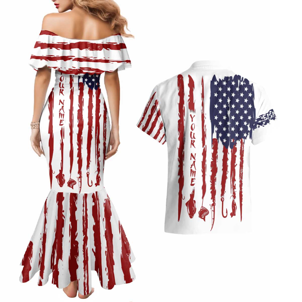 American Flag Fishing Couples Matching Mermaid Dress and Hawaiian Shirt Lure and Hook Elements and Custom Name Print - Wonder Print Shop