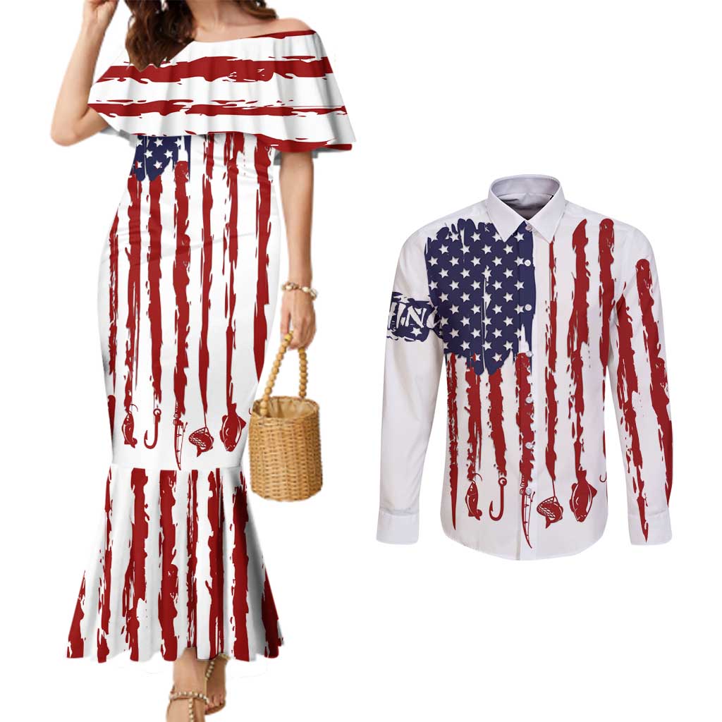 American Flag Fishing Couples Matching Mermaid Dress and Long Sleeve Button Shirt Lure and Hook Elements and Custom Name Print - Wonder Print Shop