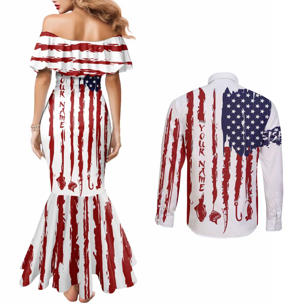 American Flag Fishing Couples Matching Mermaid Dress and Long Sleeve Button Shirt Lure and Hook Elements and Custom Name Print - Wonder Print Shop