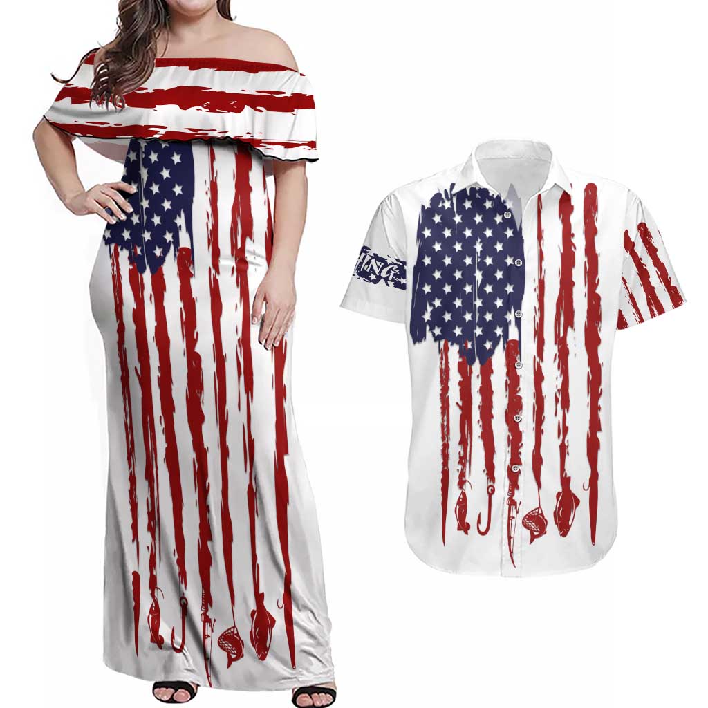 American Flag Fishing Couples Matching Off Shoulder Maxi Dress and Hawaiian Shirt Lure and Hook Elements and Custom Name Print - Wonder Print Shop