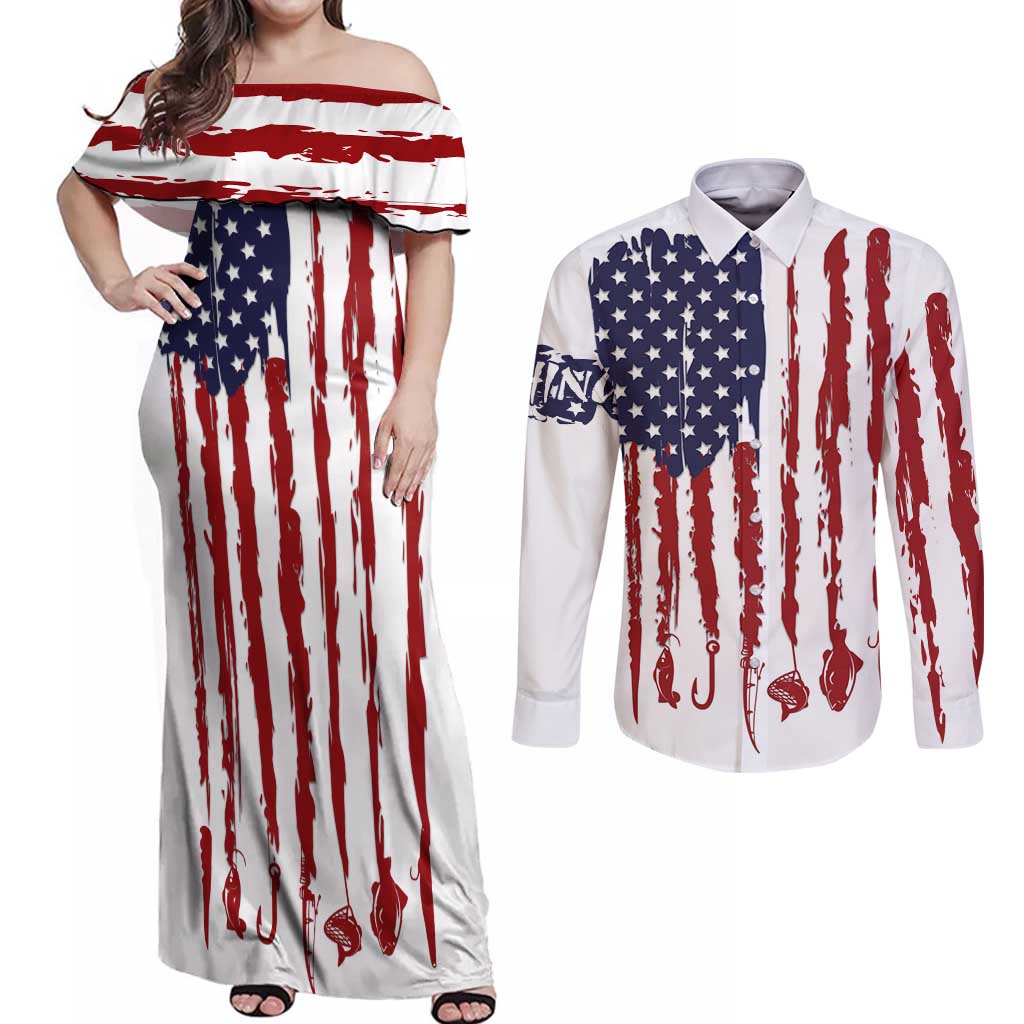 American Flag Fishing Couples Matching Off Shoulder Maxi Dress and Long Sleeve Button Shirt Lure and Hook Elements and Custom Name Print - Wonder Print Shop