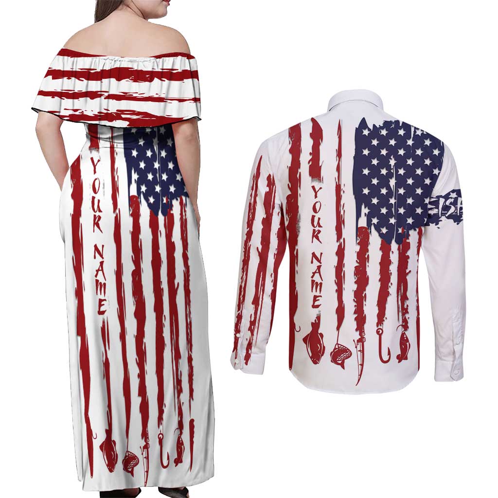 American Flag Fishing Couples Matching Off Shoulder Maxi Dress and Long Sleeve Button Shirt Lure and Hook Elements and Custom Name Print - Wonder Print Shop