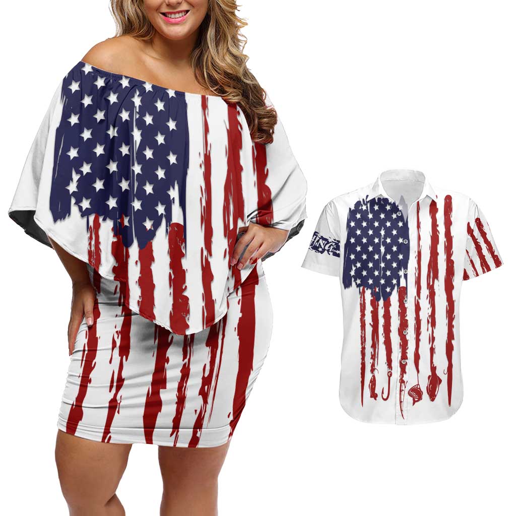 American Flag Fishing Couples Matching Off Shoulder Short Dress and Hawaiian Shirt Lure and Hook Elements and Custom Name Print - Wonder Print Shop