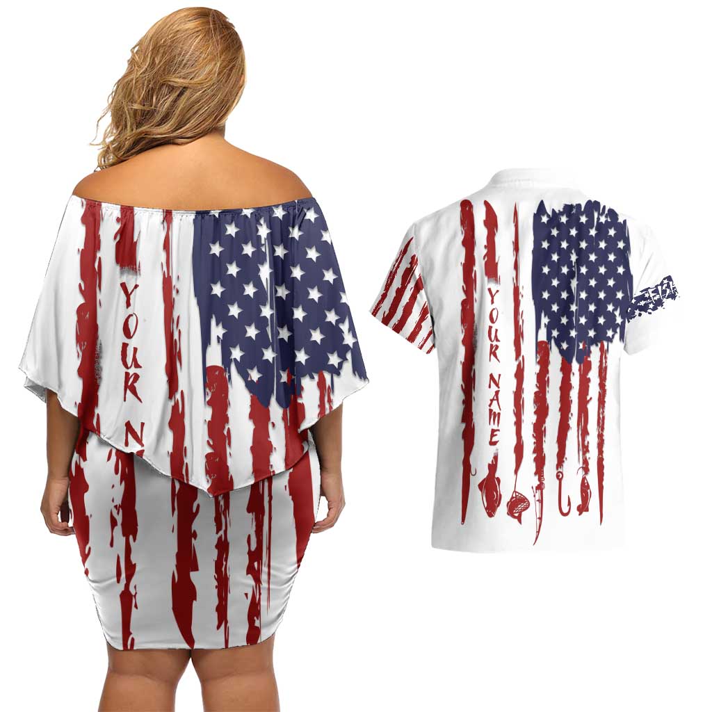 American Flag Fishing Couples Matching Off Shoulder Short Dress and Hawaiian Shirt Lure and Hook Elements and Custom Name Print - Wonder Print Shop