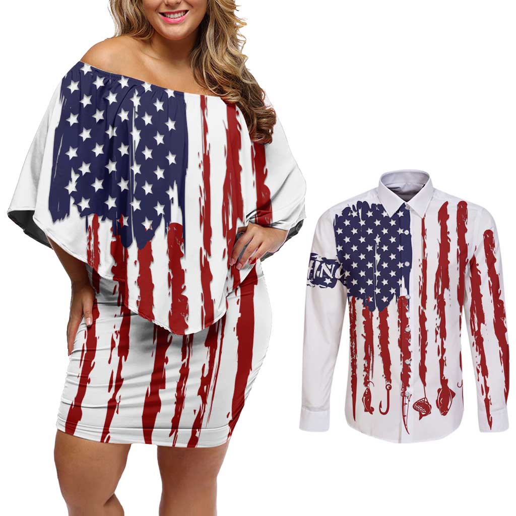 American Flag Fishing Couples Matching Off Shoulder Short Dress and Long Sleeve Button Shirt Lure and Hook Elements and Custom Name Print - Wonder Print Shop
