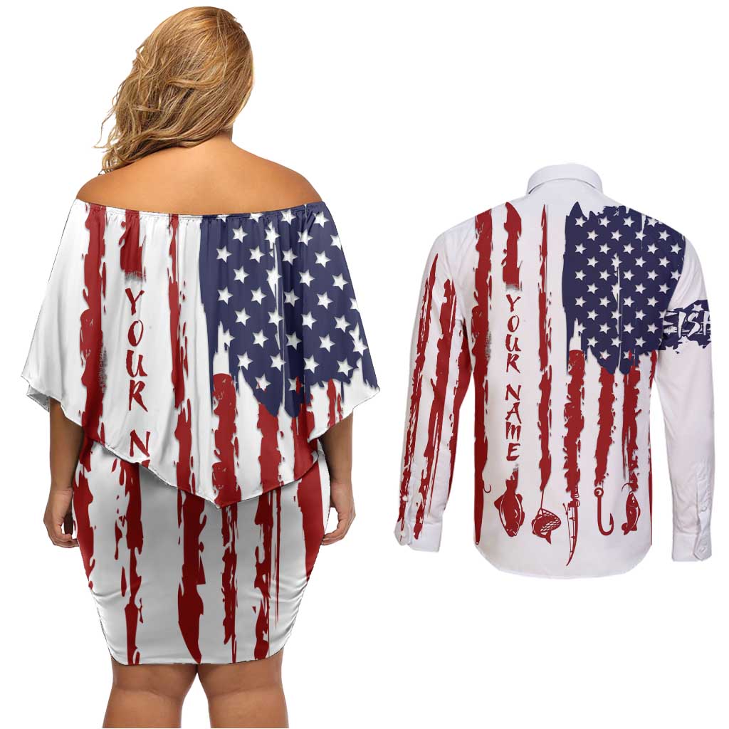 American Flag Fishing Couples Matching Off Shoulder Short Dress and Long Sleeve Button Shirt Lure and Hook Elements and Custom Name Print - Wonder Print Shop