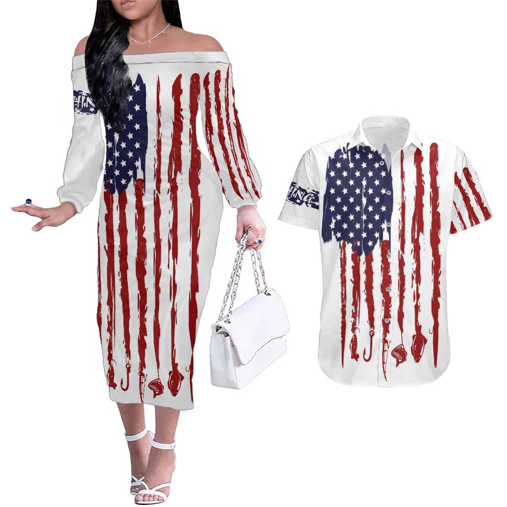American Flag Fishing Couples Matching Off The Shoulder Long Sleeve Dress and Hawaiian Shirt Lure and Hook Elements and Custom Name Print - Wonder Print Shop