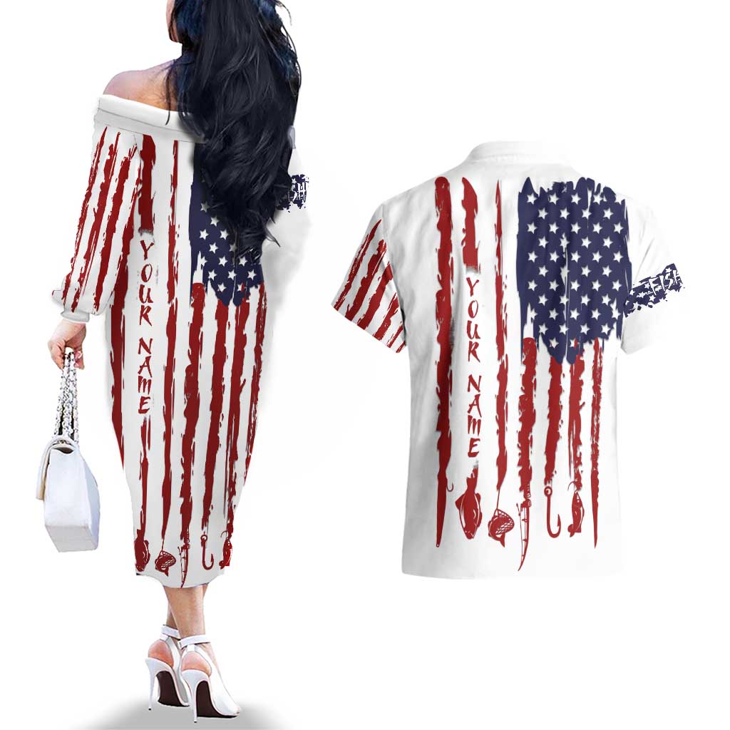 American Flag Fishing Couples Matching Off The Shoulder Long Sleeve Dress and Hawaiian Shirt Lure and Hook Elements and Custom Name Print - Wonder Print Shop