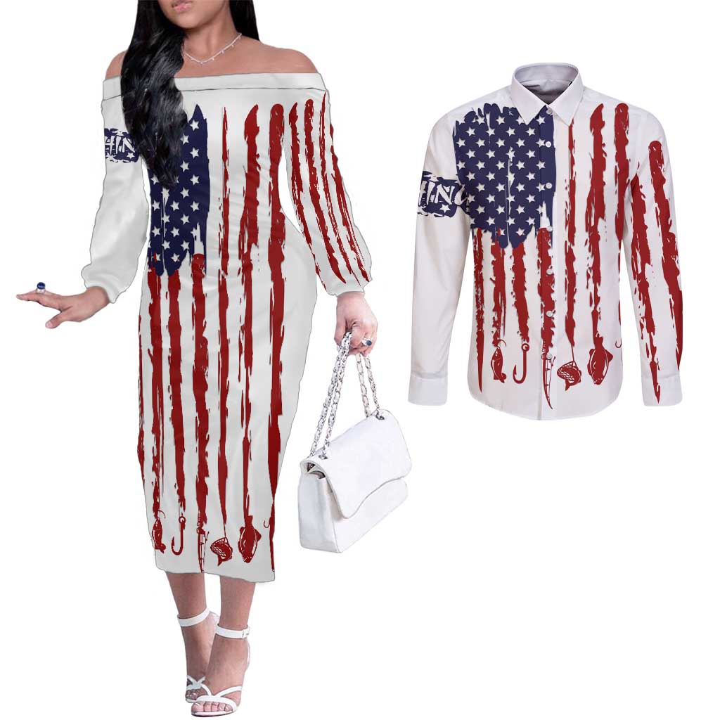 American Flag Fishing Couples Matching Off The Shoulder Long Sleeve Dress and Long Sleeve Button Shirt Lure and Hook Elements and Custom Name Print - Wonder Print Shop