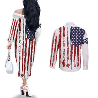 American Flag Fishing Couples Matching Off The Shoulder Long Sleeve Dress and Long Sleeve Button Shirt Lure and Hook Elements and Custom Name Print - Wonder Print Shop