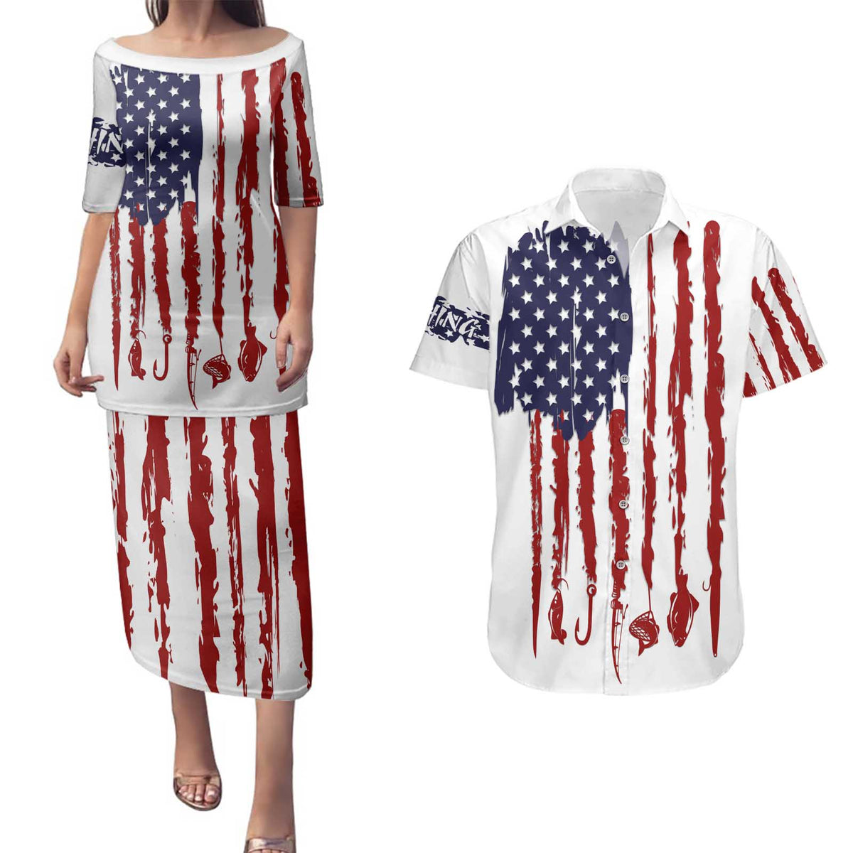 American Flag Fishing Couples Matching Puletasi and Hawaiian Shirt Lure and Hook Elements and Custom Name Print - Wonder Print Shop