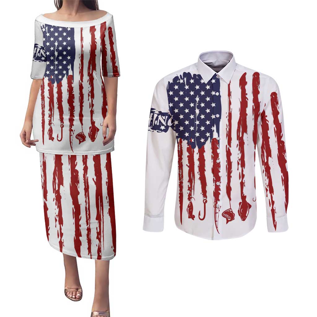 American Flag Fishing Couples Matching Puletasi and Long Sleeve Button Shirt Lure and Hook Elements and Custom Name Print - Wonder Print Shop