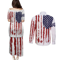 American Flag Fishing Couples Matching Puletasi and Long Sleeve Button Shirt Lure and Hook Elements and Custom Name Print - Wonder Print Shop