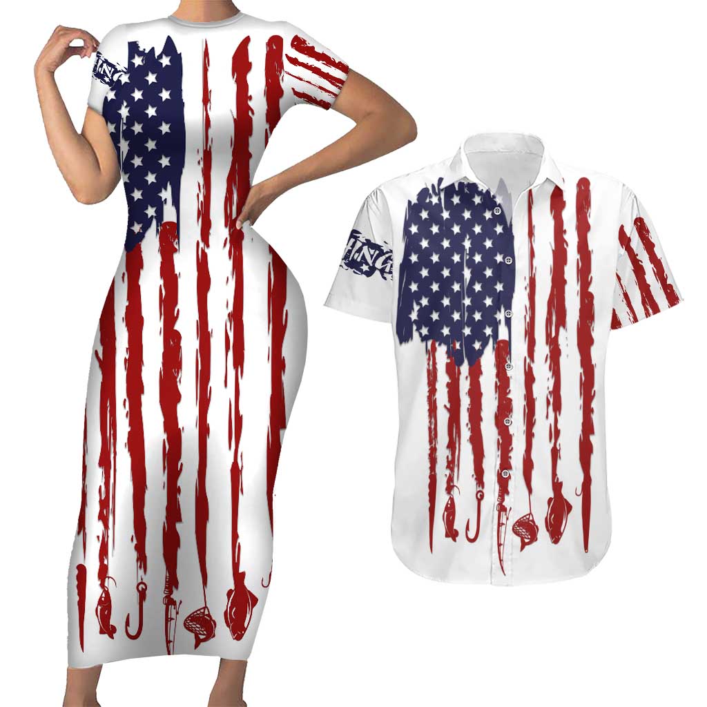 American Flag Fishing Couples Matching Short Sleeve Bodycon Dress and Hawaiian Shirt Lure and Hook Elements and Custom Name Print - Wonder Print Shop