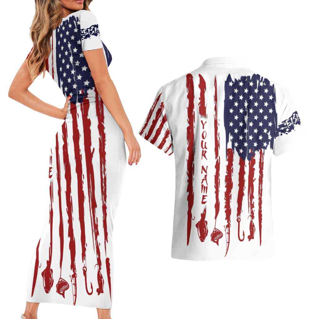 American Flag Fishing Couples Matching Short Sleeve Bodycon Dress and Hawaiian Shirt Lure and Hook Elements and Custom Name Print - Wonder Print Shop