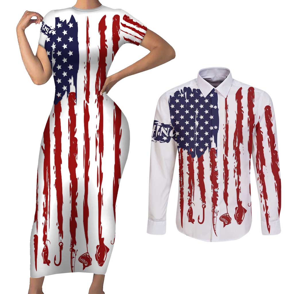 American Flag Fishing Couples Matching Short Sleeve Bodycon Dress and Long Sleeve Button Shirt Lure and Hook Elements and Custom Name Print - Wonder Print Shop