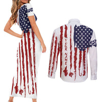 American Flag Fishing Couples Matching Short Sleeve Bodycon Dress and Long Sleeve Button Shirt Lure and Hook Elements and Custom Name Print - Wonder Print Shop