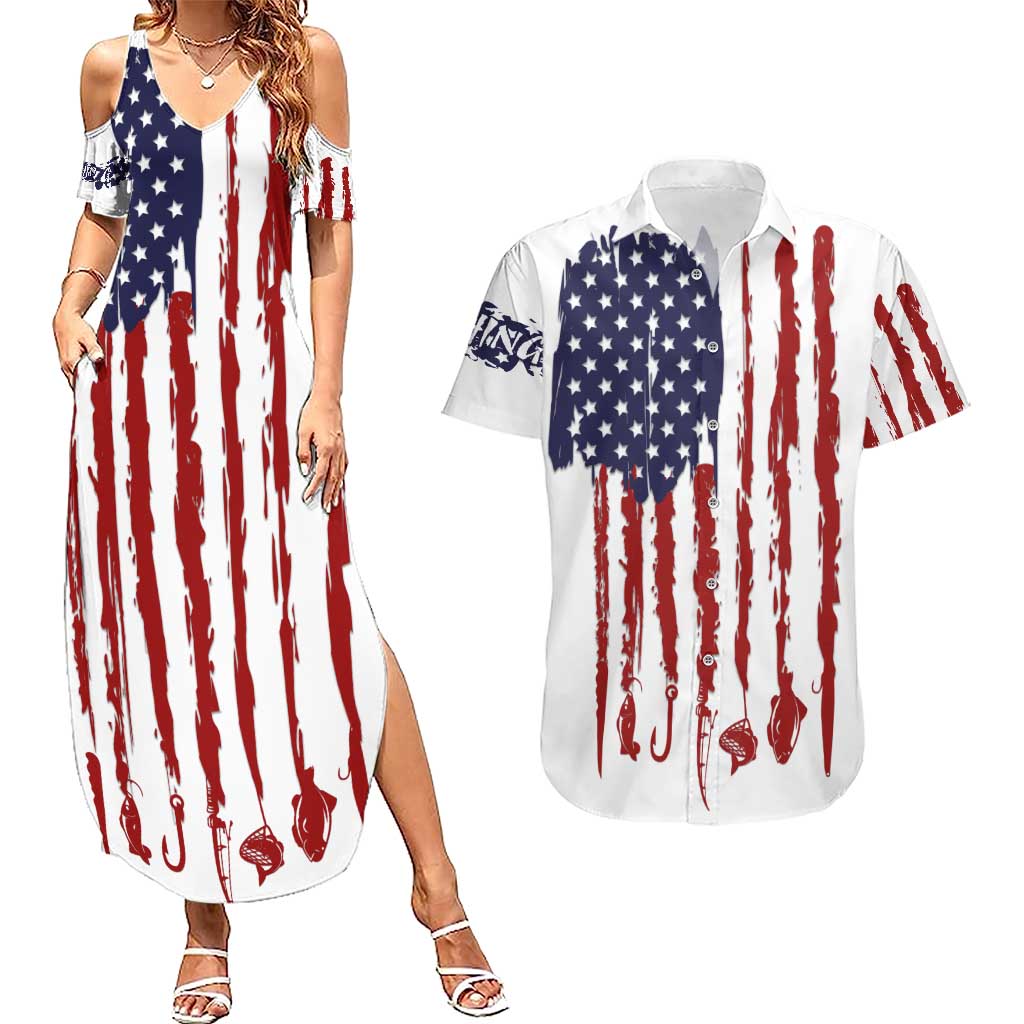 American Flag Fishing Couples Matching Summer Maxi Dress and Hawaiian Shirt Lure and Hook Elements and Custom Name Print - Wonder Print Shop
