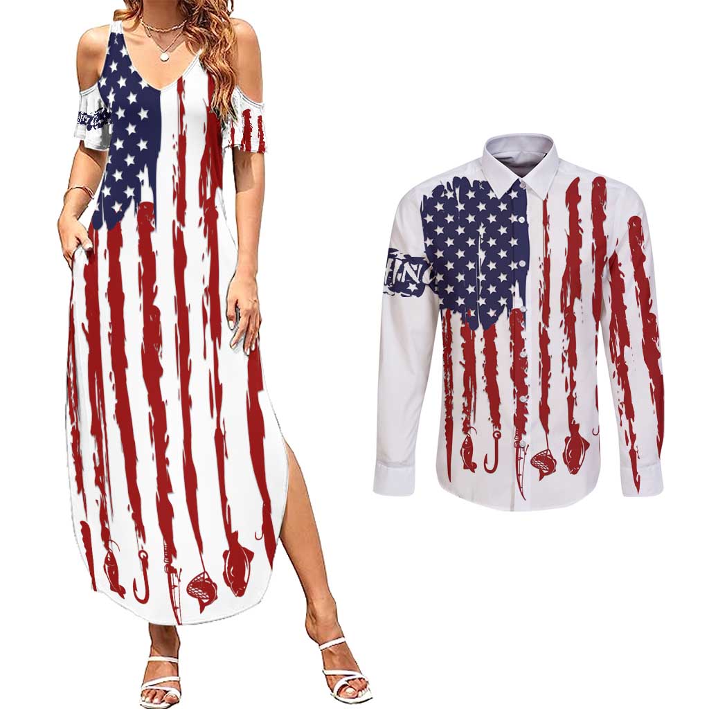 American Flag Fishing Couples Matching Summer Maxi Dress and Long Sleeve Button Shirt Lure and Hook Elements and Custom Name Print - Wonder Print Shop