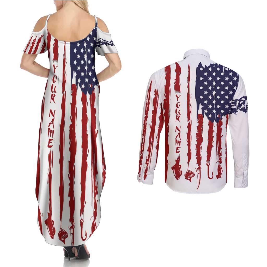 American Flag Fishing Couples Matching Summer Maxi Dress and Long Sleeve Button Shirt Lure and Hook Elements and Custom Name Print - Wonder Print Shop