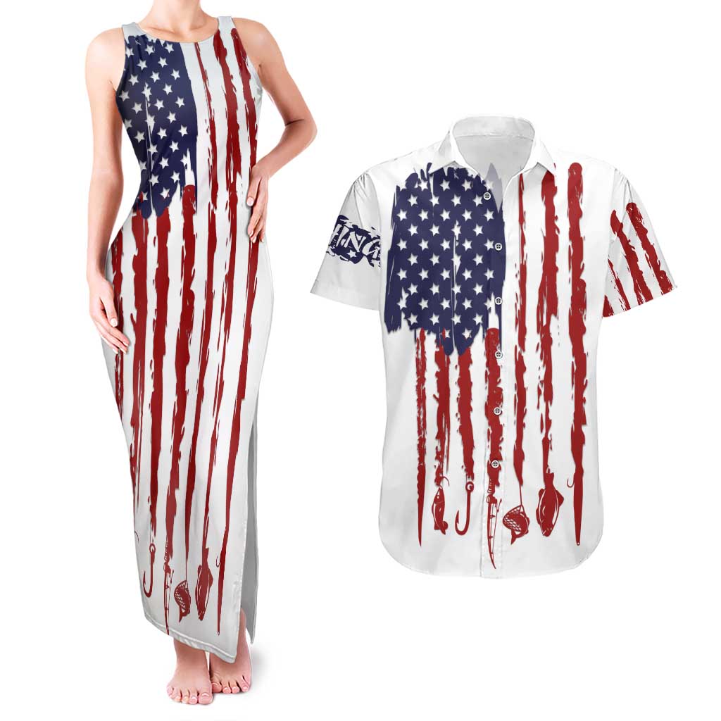 American Flag Fishing Couples Matching Tank Maxi Dress and Hawaiian Shirt Lure and Hook Elements and Custom Name Print - Wonder Print Shop