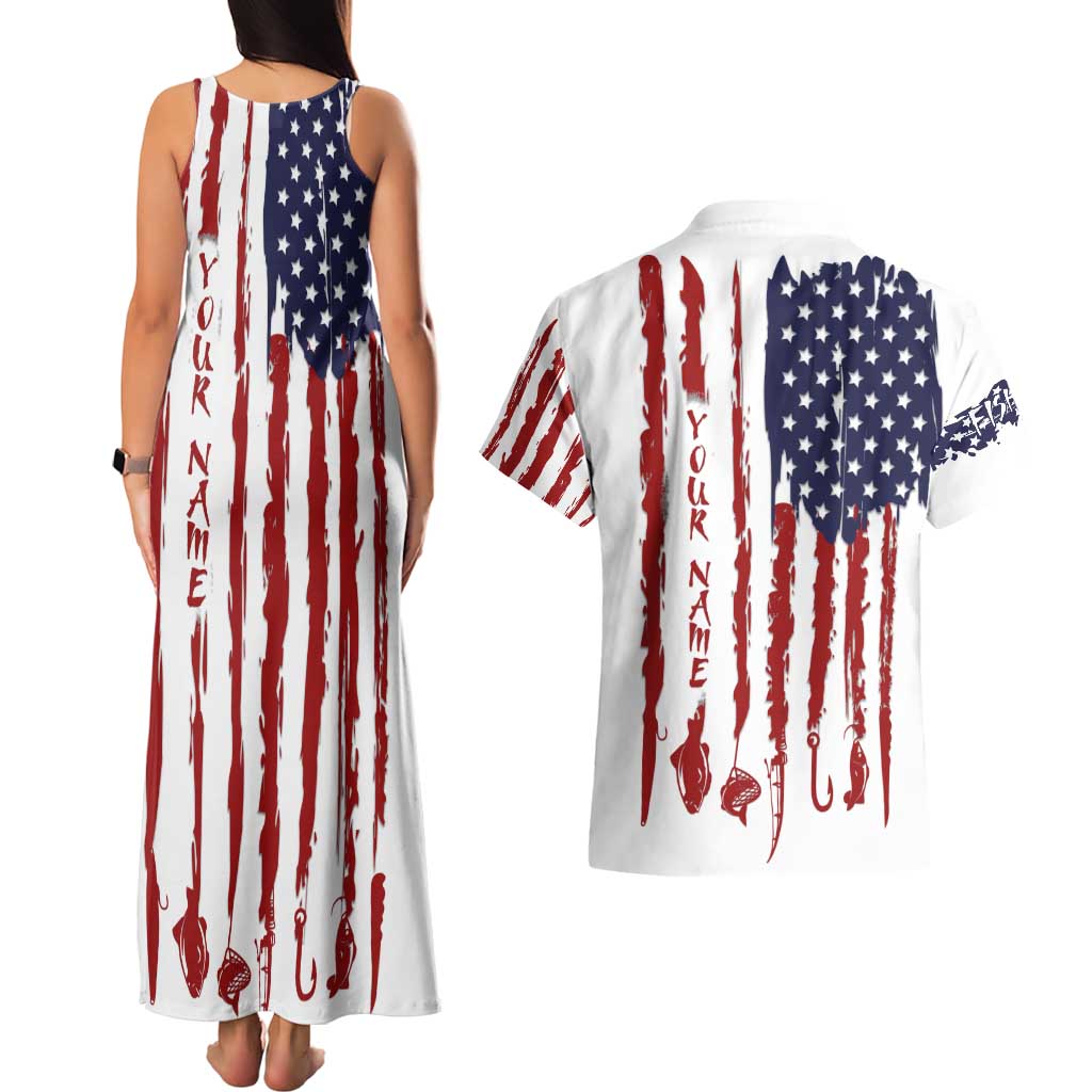American Flag Fishing Couples Matching Tank Maxi Dress and Hawaiian Shirt Lure and Hook Elements and Custom Name Print - Wonder Print Shop