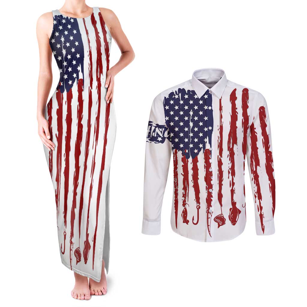 American Flag Fishing Couples Matching Tank Maxi Dress and Long Sleeve Button Shirt Lure and Hook Elements and Custom Name Print - Wonder Print Shop