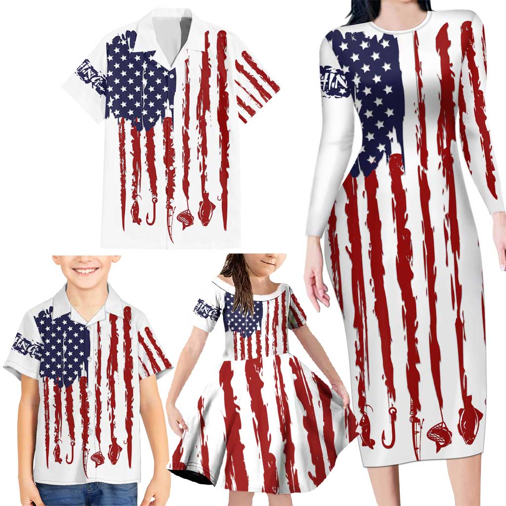 American Flag Fishing Family Matching Long Sleeve Bodycon Dress and Hawaiian Shirt Lure and Hook Elements and Custom Name Print - Wonder Print Shop