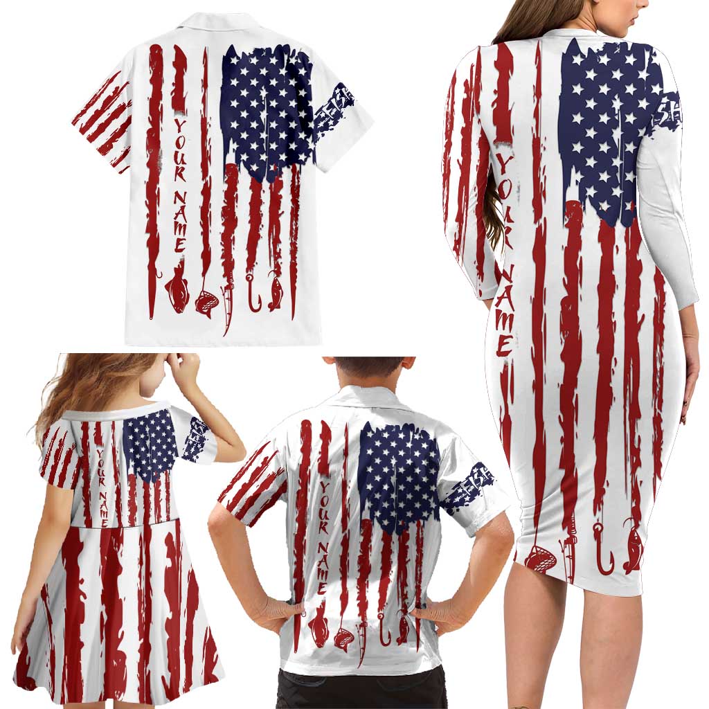 American Flag Fishing Family Matching Long Sleeve Bodycon Dress and Hawaiian Shirt Lure and Hook Elements and Custom Name Print - Wonder Print Shop