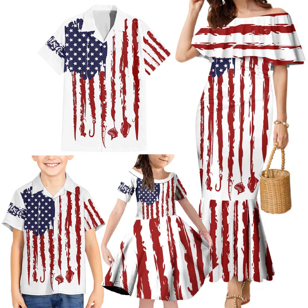 American Flag Fishing Family Matching Mermaid Dress and Hawaiian Shirt Lure and Hook Elements and Custom Name Print - Wonder Print Shop