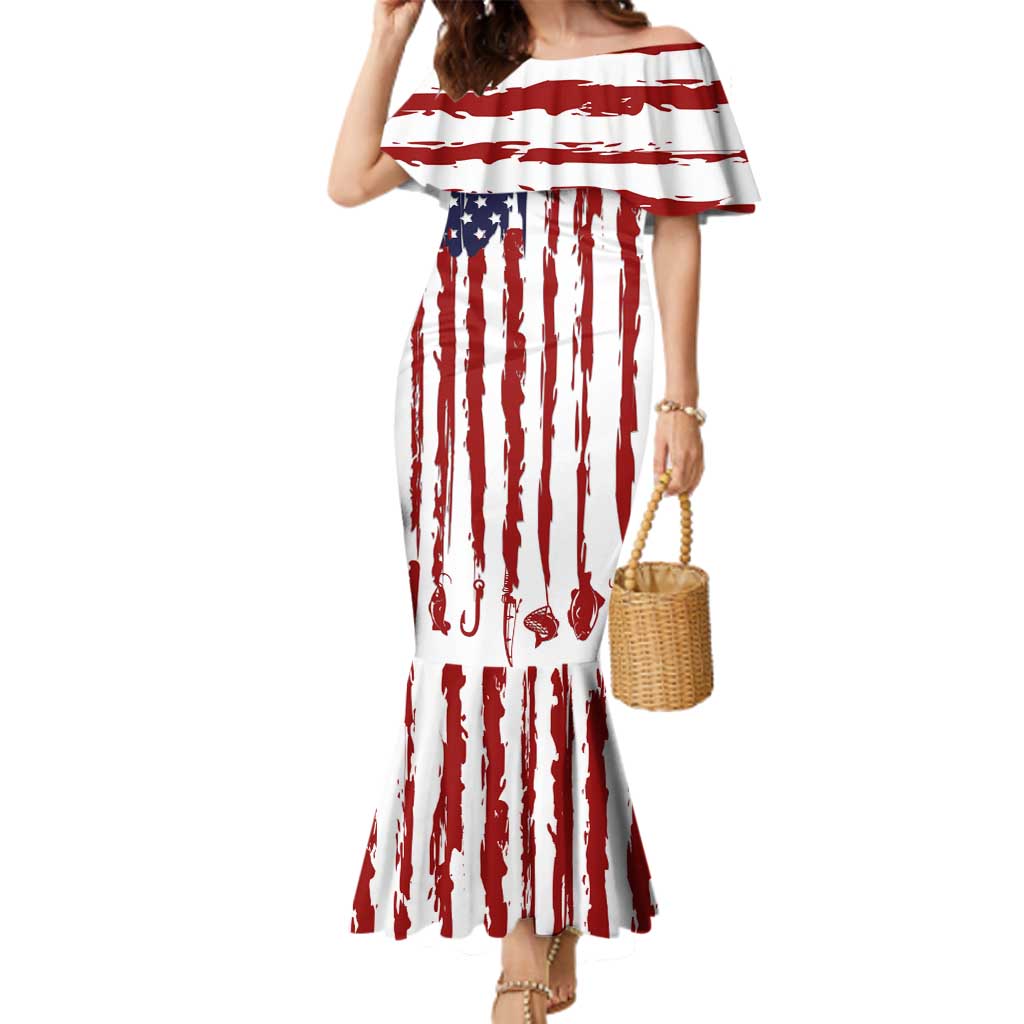 American Flag Fishing Family Matching Mermaid Dress and Hawaiian Shirt Lure and Hook Elements and Custom Name Print - Wonder Print Shop