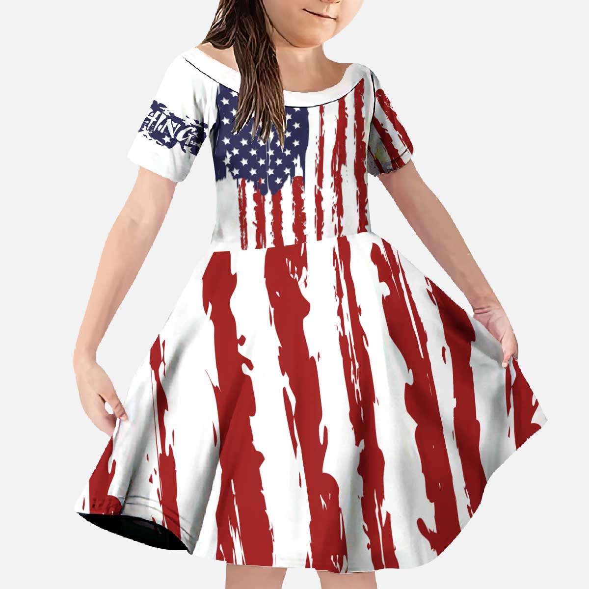 American Flag Fishing Family Matching Off The Shoulder Long Sleeve Dress and Hawaiian Shirt Lure and Hook Elements and Custom Name Print - Wonder Print Shop