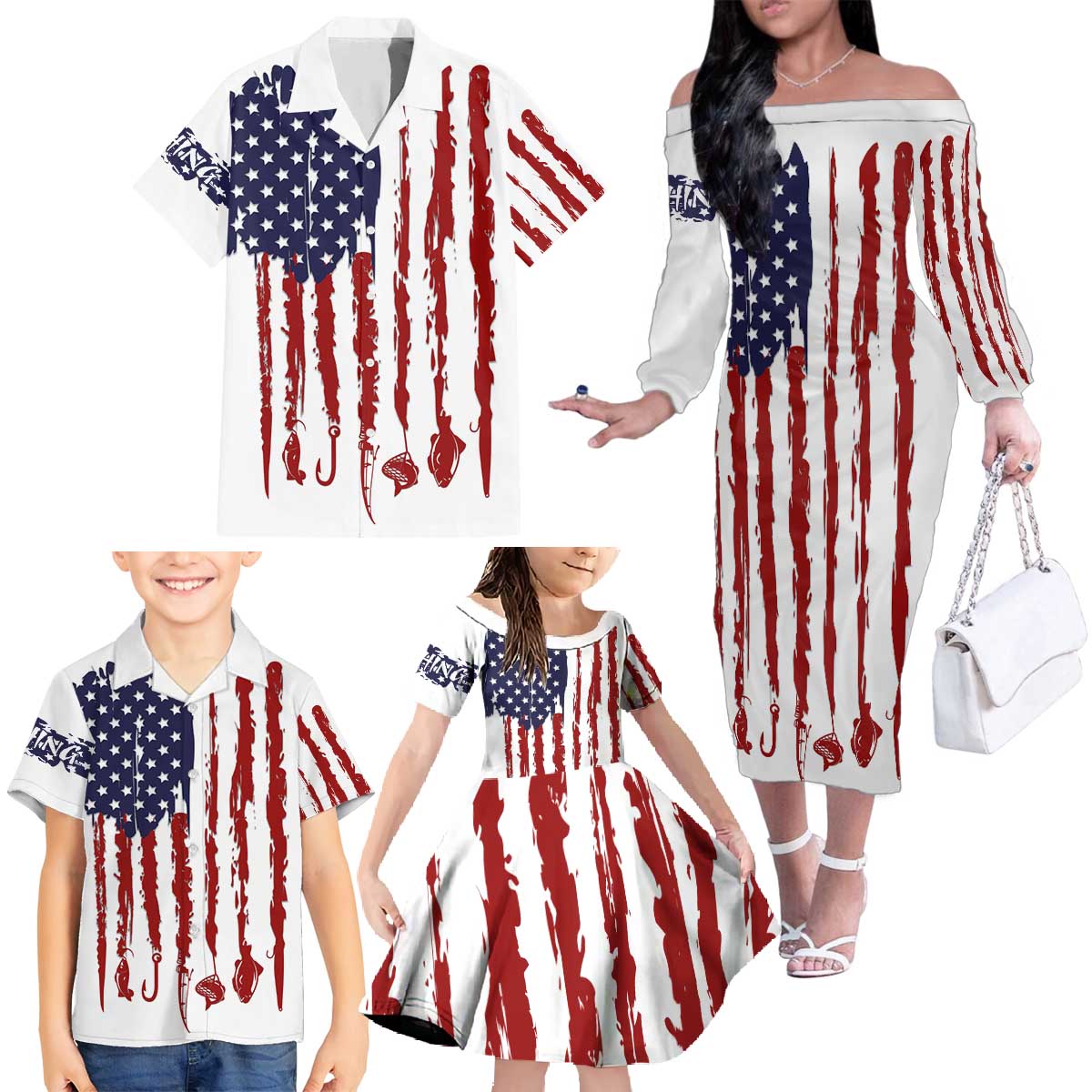 American Flag Fishing Family Matching Off The Shoulder Long Sleeve Dress and Hawaiian Shirt Lure and Hook Elements and Custom Name Print - Wonder Print Shop
