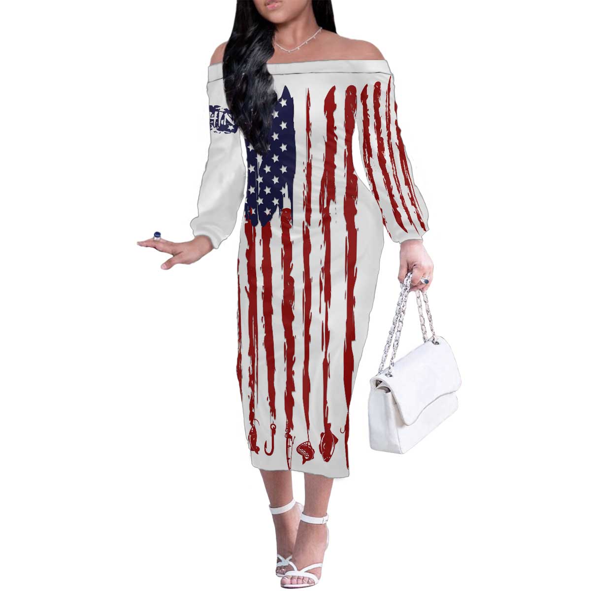 American Flag Fishing Family Matching Off The Shoulder Long Sleeve Dress and Hawaiian Shirt Lure and Hook Elements and Custom Name Print - Wonder Print Shop