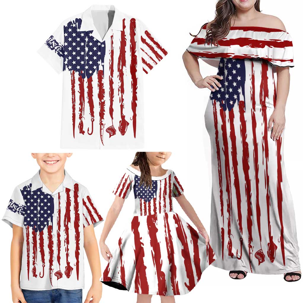 American Flag Fishing Family Matching Off Shoulder Maxi Dress and Hawaiian Shirt Lure and Hook Elements and Custom Name Print - Wonder Print Shop