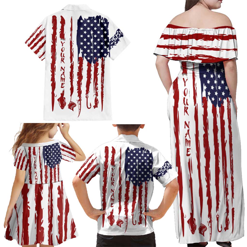 American Flag Fishing Family Matching Off Shoulder Maxi Dress and Hawaiian Shirt Lure and Hook Elements and Custom Name Print - Wonder Print Shop