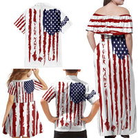 American Flag Fishing Family Matching Off Shoulder Maxi Dress and Hawaiian Shirt Lure and Hook Elements and Custom Name Print - Wonder Print Shop