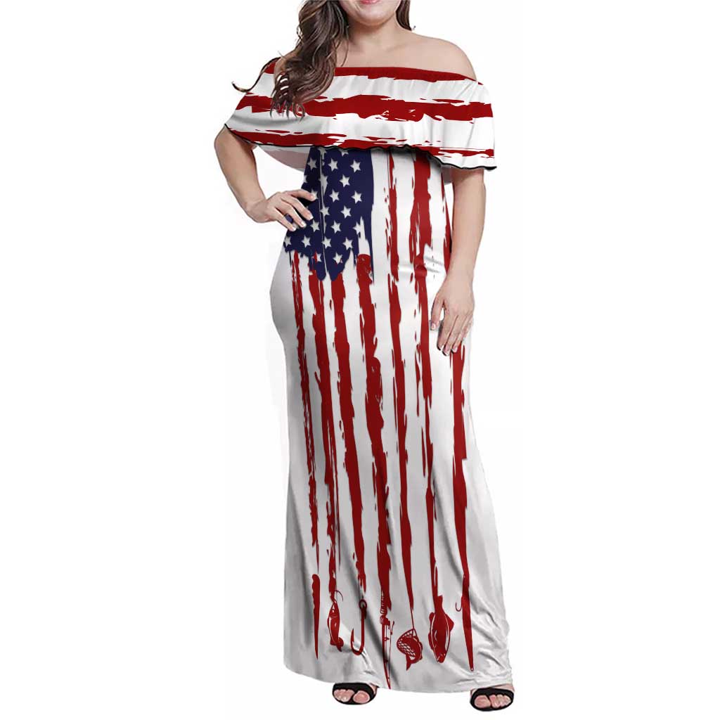 American Flag Fishing Family Matching Off Shoulder Maxi Dress and Hawaiian Shirt Lure and Hook Elements and Custom Name Print - Wonder Print Shop