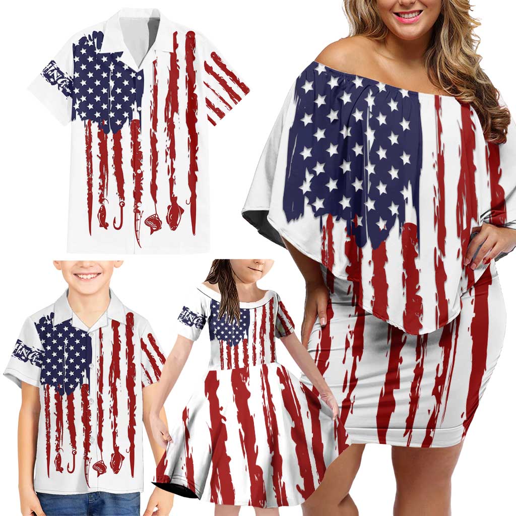 American Flag Fishing Family Matching Off Shoulder Short Dress and Hawaiian Shirt Lure and Hook Elements and Custom Name Print - Wonder Print Shop