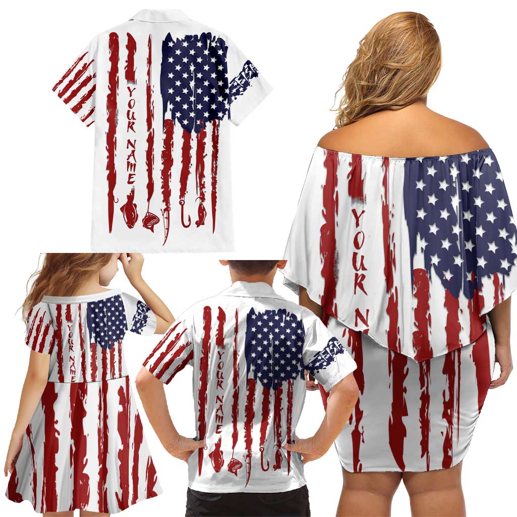 American Flag Fishing Family Matching Off Shoulder Short Dress and Hawaiian Shirt Lure and Hook Elements and Custom Name Print - Wonder Print Shop