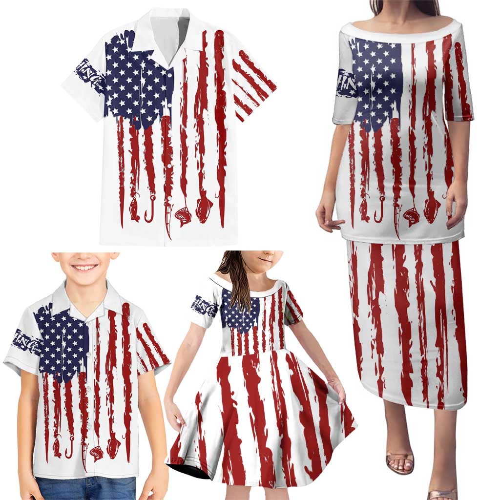 American Flag Fishing Family Matching Puletasi and Hawaiian Shirt Lure and Hook Elements and Custom Name Print - Wonder Print Shop