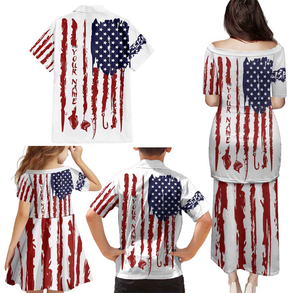 American Flag Fishing Family Matching Puletasi and Hawaiian Shirt Lure and Hook Elements and Custom Name Print - Wonder Print Shop