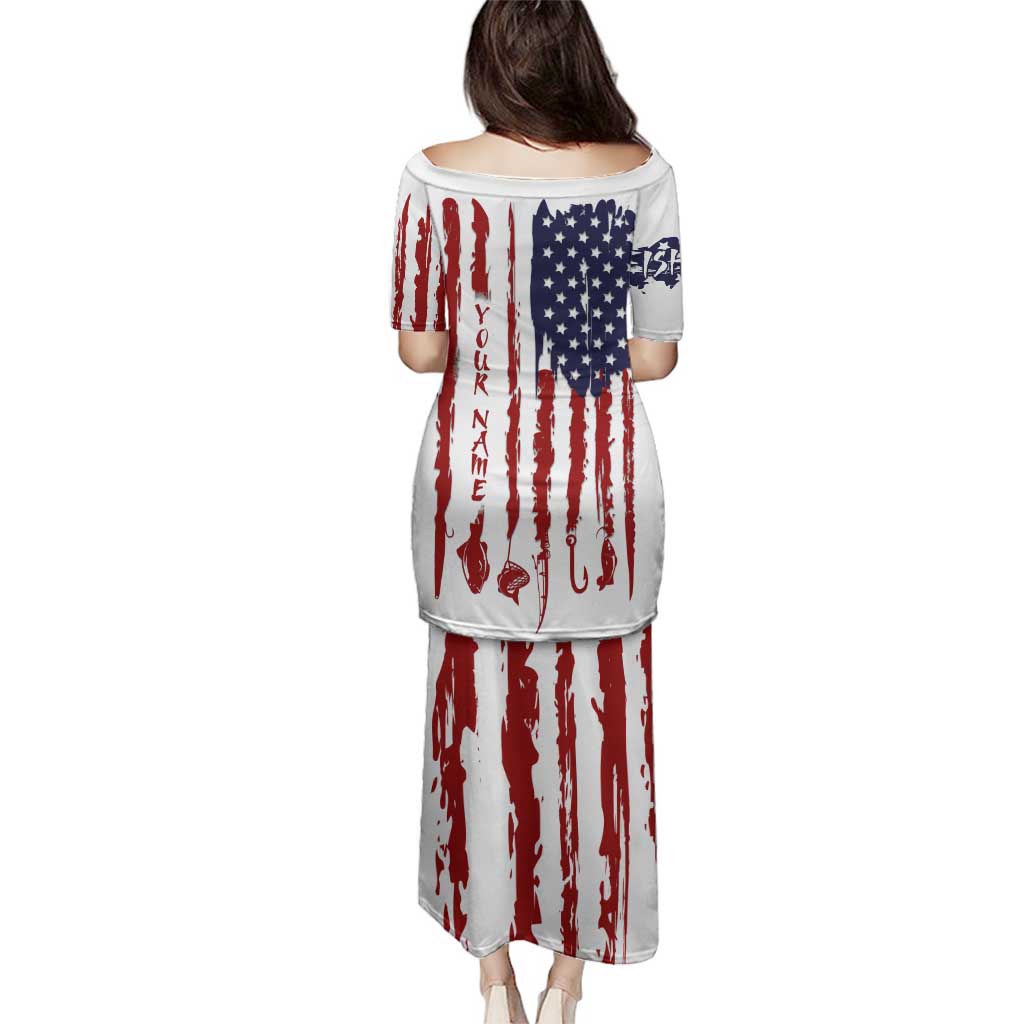 American Flag Fishing Family Matching Puletasi and Hawaiian Shirt Lure and Hook Elements and Custom Name Print - Wonder Print Shop